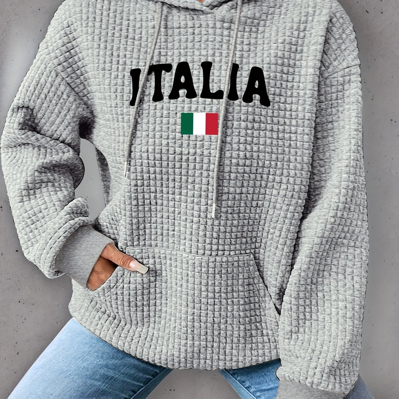 ITALIA Waffle Knit Hoodie - Casual Long Sleeve Drop Shoulder Drawstring Hoodie with Kangaroo Pocket for Fall & Winter, Cozy Women's Clothing store Arbellas