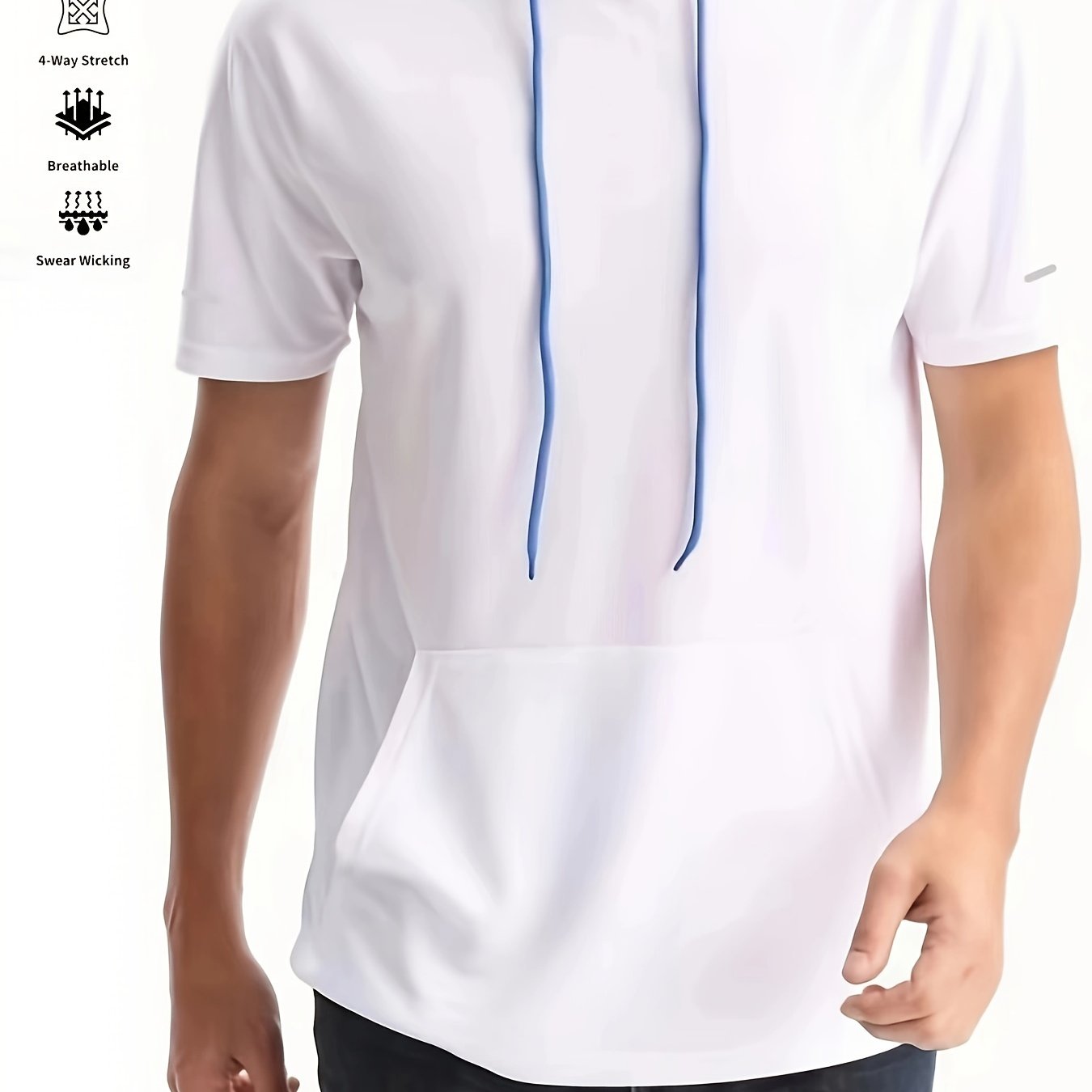 Men's Quick-Dry Hoodie - Breathable, 4-Way Stretch, Sweat-Wicking Polyester, Relaxed Fit for Sports & Casual Wear, White with Blue Drawstrings Store ARBELLA'S