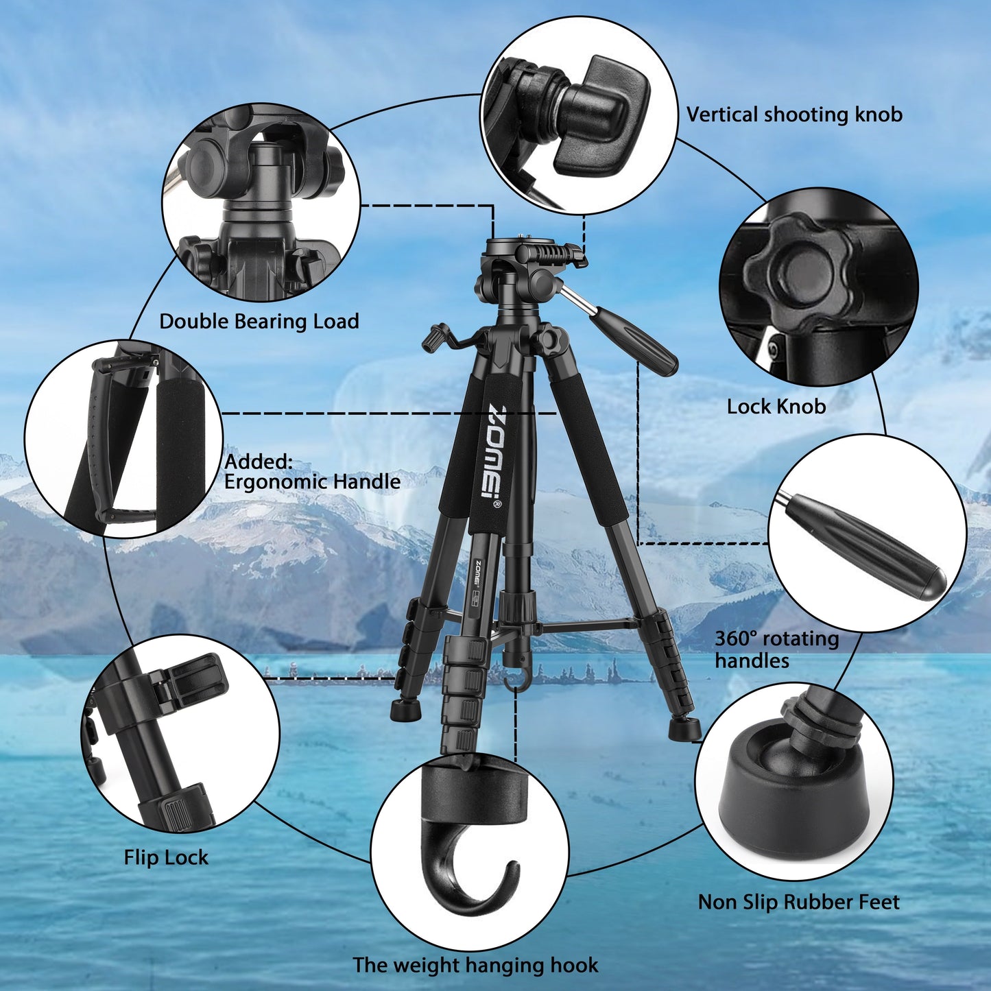 ZOMEI 74"/187cm Aluminum Alloy Camera Tripod Stand With Detachable Head, Lightweight DSLR Tripod, Vlog Live Streaming Tripod, Rubber Feet, Rotating Handles, Uncharged (black) STORE ARBELLA'S