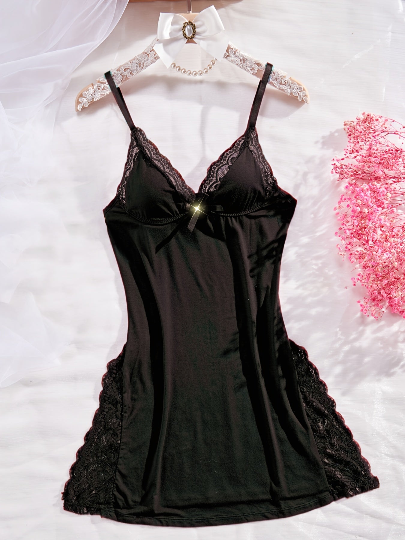 3pcs Of Women's Solid Lace Nightdress, Lace Panels, Skirt Side Slits, Lace Home Nightdress Store ARBELLA'S