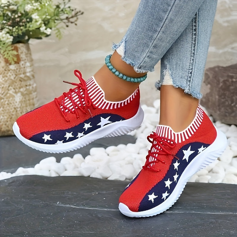 Women's Star Pattern Knitted Sneakers, Contrast Color Low Top Running & Walking Trainers, Casual Breathable Sports Shoes Summer store Arbellas