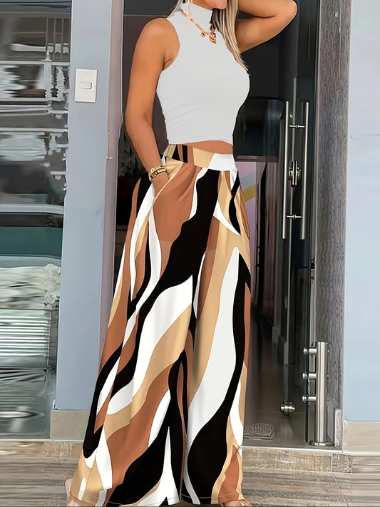 Women's Casual Elegance Mock Neck Wide-Leg Pants Featuring Wave Patterns and Floral Shapes Store ARBELLA'S