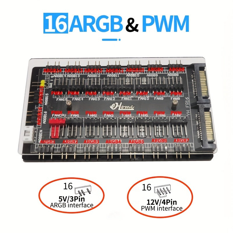 RGB Fan 5V 3-pin ARGB Splitter With 16-way Temperature-controlled PWM Speed Controller For Synchronized Lighting With AURA Motherboard