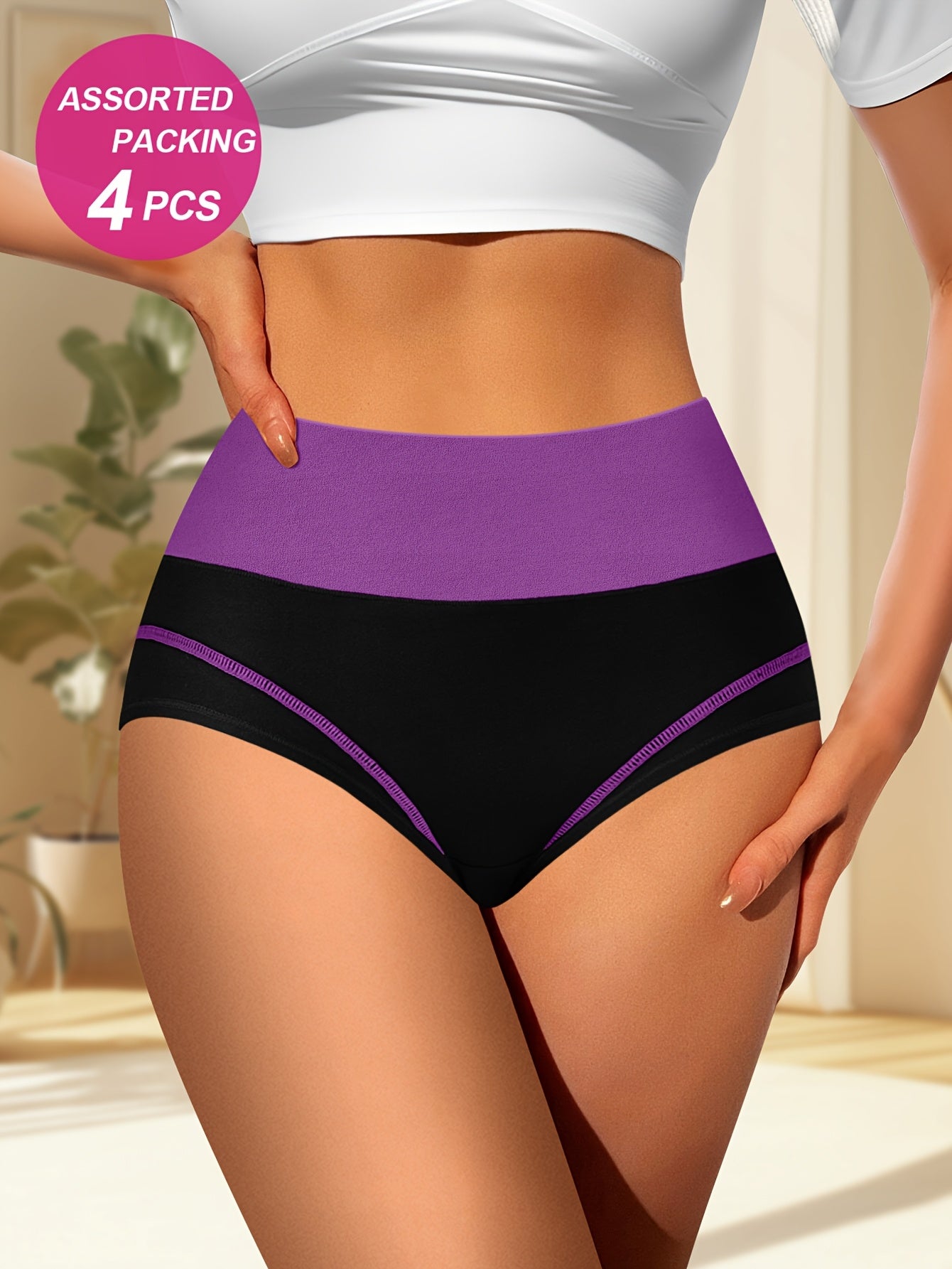 4pcs Random Combination High Waisted Tummy Tightening Women'S Panties Fashion Clash Of Colors Comfortable Shape Triangle Pants Store ARBELLA'S