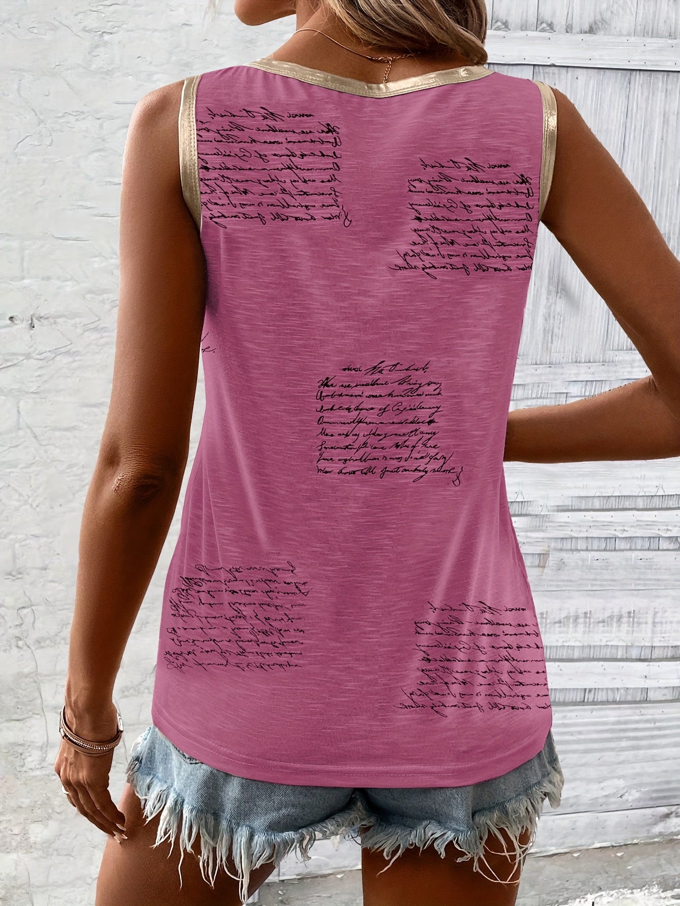 Vibrant Pink Sleeveless Tank Top | Women's Casual Elegant Round Neck Summer Top, Golden Letter Print, Machine Washable, Nontransparent Material Store ARBELLA'S