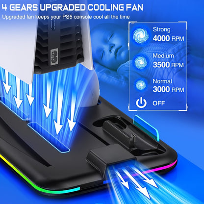 RGB PS5 Cooling Stand & Rapid Charger - High-Performance Fan, Dual Dock, Compatible with Disc & Digital Edition, 6 Game Slots, Screws & Dust Cover.