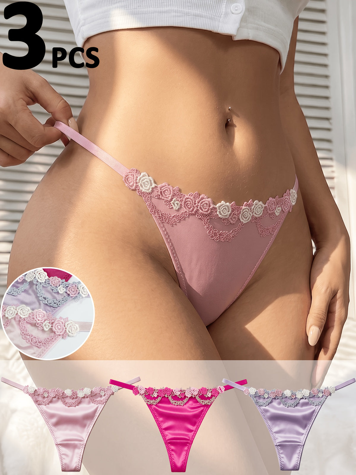 Juego de 3 tangas de encaje floral para mujer, bragas elegantes de tiro medio liso para dama, ropa interior suave de uso diario. 8