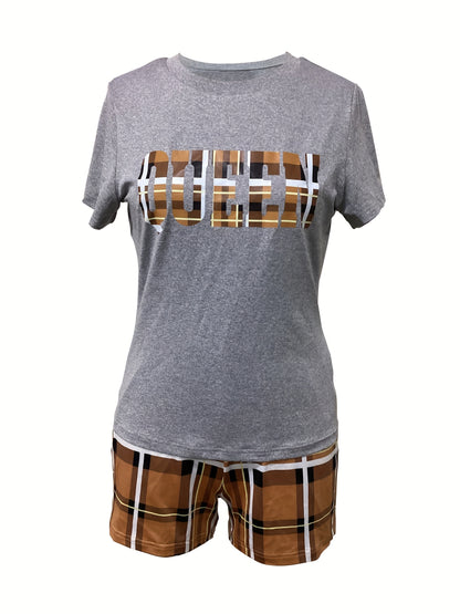 Queenly Chic - Womens Two-piece Outfit Set: Short Sleeve Letter Print Tee & Trendy Plaid Slim Shorts, Perfect for Spring & Summer