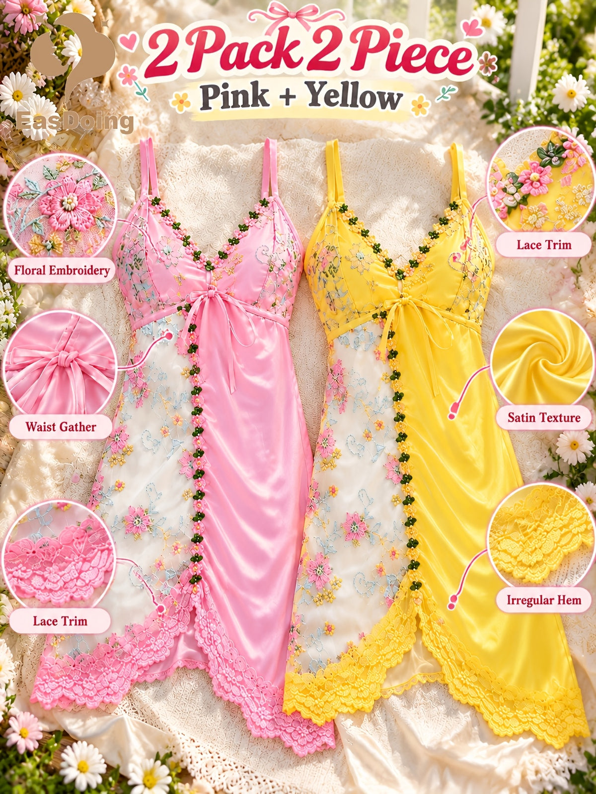 [Easdoing] Conjunto de 2 piezas de camisola de satén y camisón para mujer, encaje bordado floral con dobladillo irregular, vestido de casa con cuello en V, combinación de rosa y amarillo