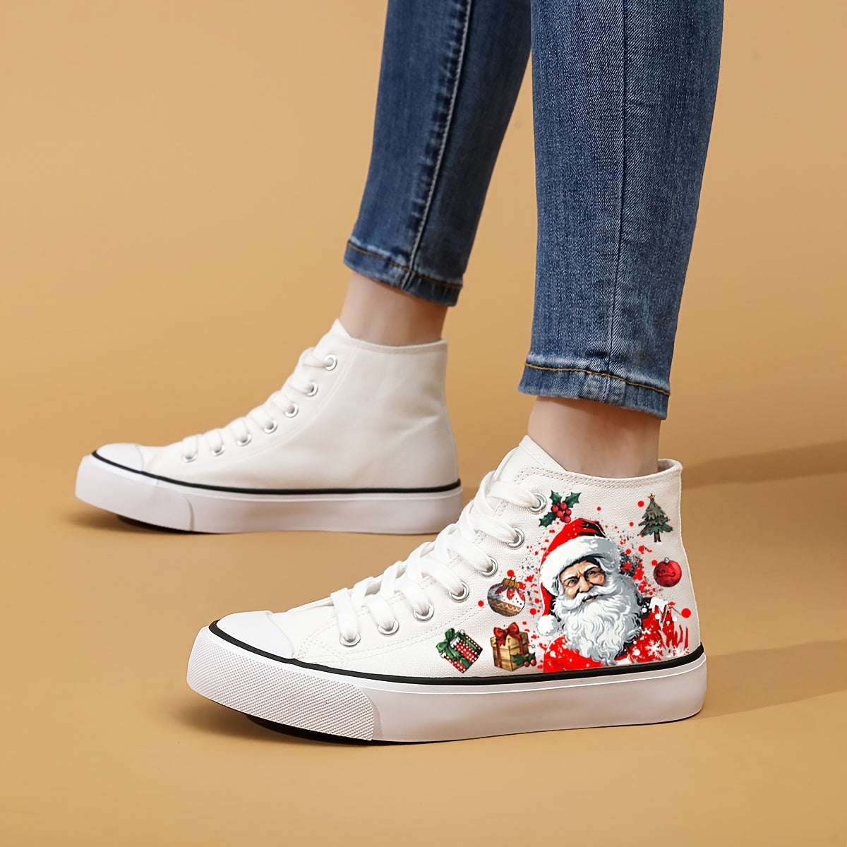 Women's Christmas Santa Print Canvas Sneakers, Casual Lace-Up High-Top Fashion Shoes, Comfortable All-Season Round Toe with Fabric Insole and Rubber Sole