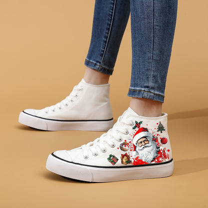 Women's Christmas Santa Print Canvas Sneakers, Casual Lace-Up High-Top Fashion Shoes, Comfortable All-Season Round Toe with Fabric Insole and Rubber Sole