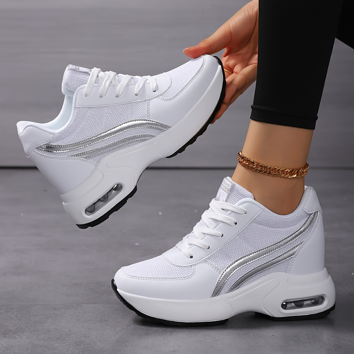 Women's Breathable Mesh Sneakers - Casual Lace-Up, Height-Boosting Platform Shoes with Air Cushion Comfort for All Seasons