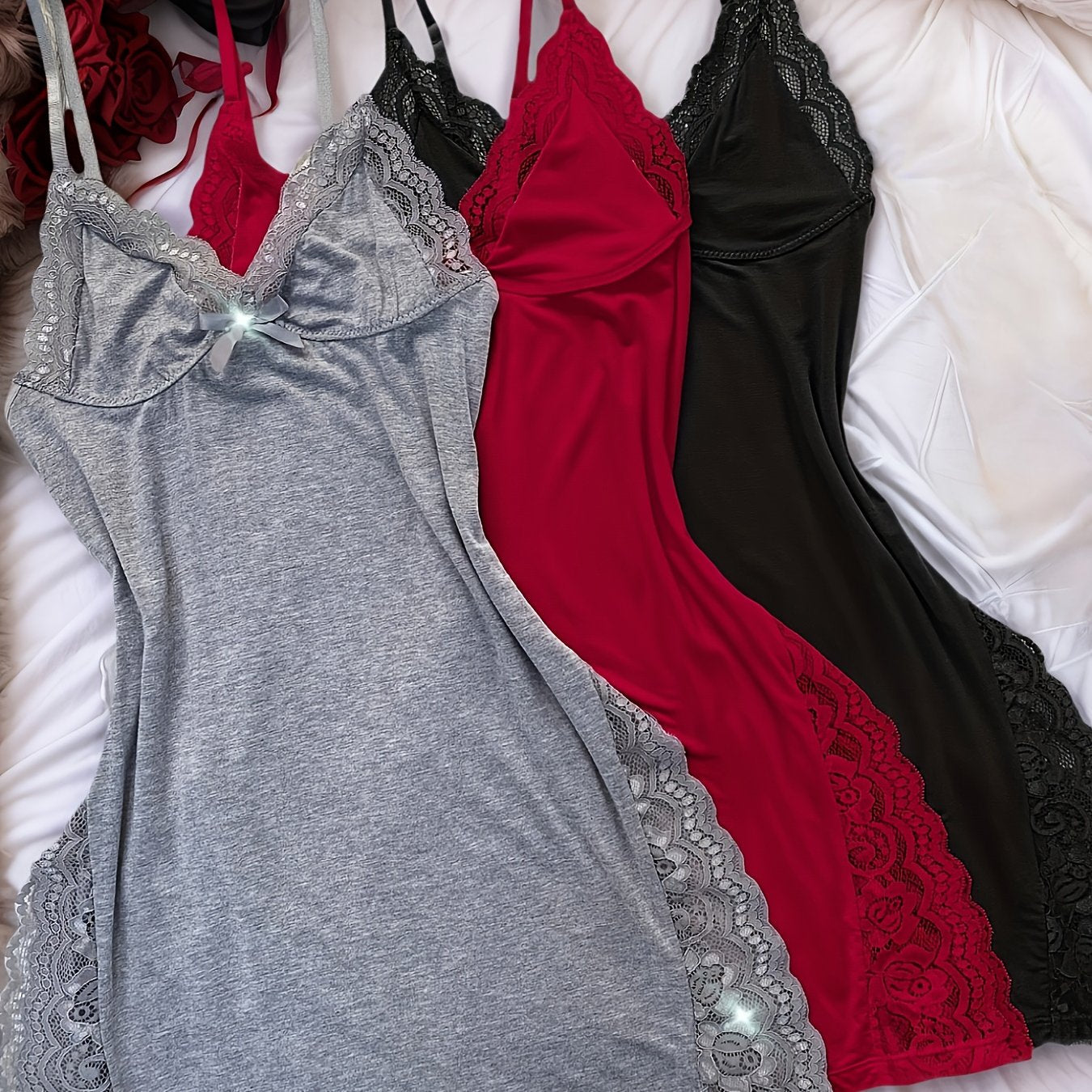 3pcs Of Women's Solid Lace Nightdress, Lace Panels, Skirt Side Slits,  Lace Home Nightdress Store ARBELLA'S