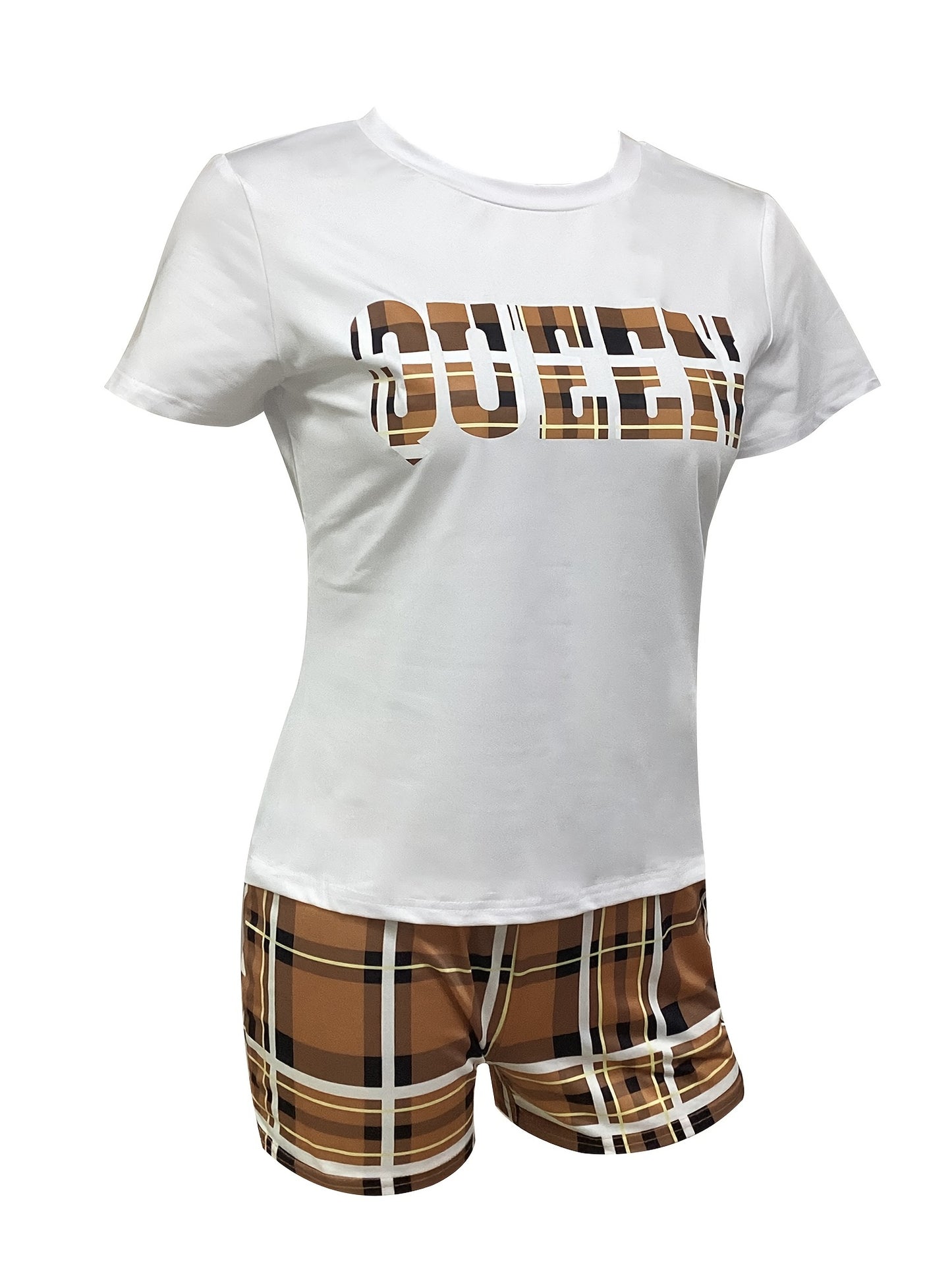 Queenly Chic - Womens Two-piece Outfit Set: Short Sleeve Letter Print Tee & Trendy Plaid Slim Shorts, Perfect for Spring & Summer