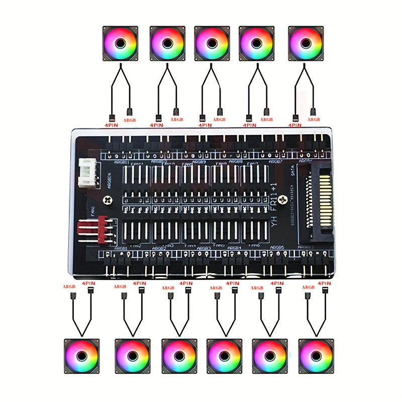 11 Way Splitter 2-in-1 4PIN PWM Cable, 5V 3Pin ARGB With SATA Power Cooling Fan Hub, For Computer PC Case Radiator, Acrylic Cover Bottom, Magnetic Suction