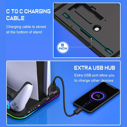 RGB PS5 Cooling Stand & Rapid Charger - High-Performance Fan, Dual Dock, Compatible with Disc & Digital Edition, 6 Game Slots, Screws & Dust Cover.