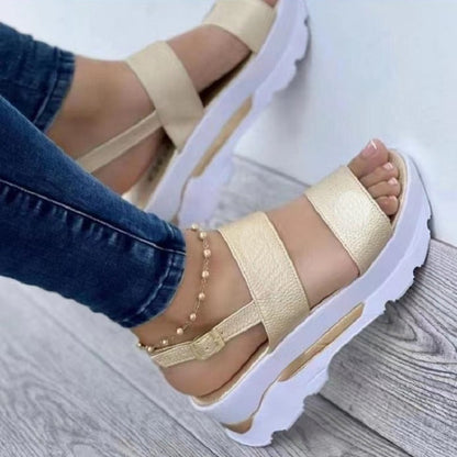 Women's Platform Open Toe Sandals, Solid Color Ankle Buckle Strap Non Slip Shoes, Casual Outdoor Sandals