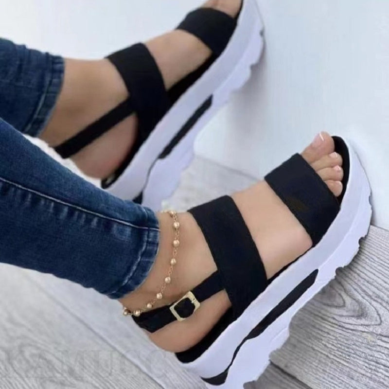 Women's Platform Open Toe Sandals, Solid Color Ankle Buckle Strap Non Slip Shoes, Casual Outdoor Sandals