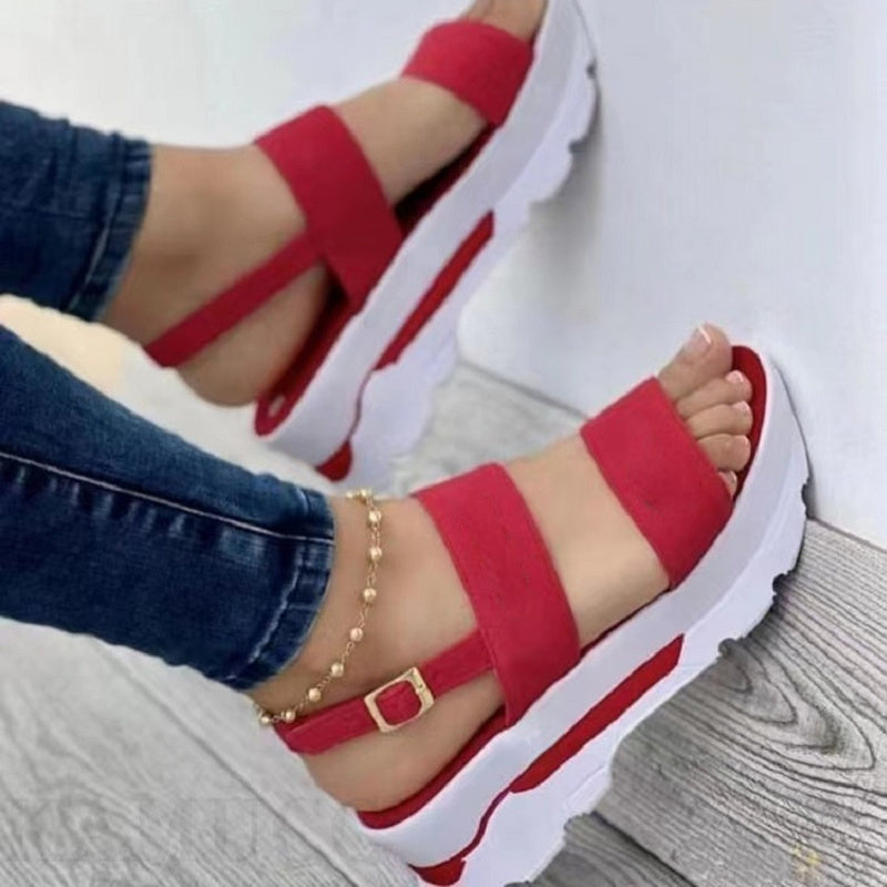 Women's Platform Open Toe Sandals, Solid Color Ankle Buckle Strap Non Slip Shoes, Casual Outdoor Sandals