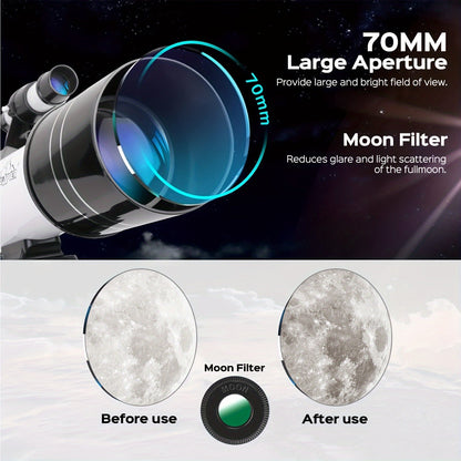 150X High Power Telescope, 70mm Aperture Telescope Astronomy For Adults, Portable Monocular Telescope With 3 Eyepiece, Wireless Remote Control, Smartphone Adapter, Perfect For Camping Nature Viewing, Education And Exploration Store ARBELLA'S