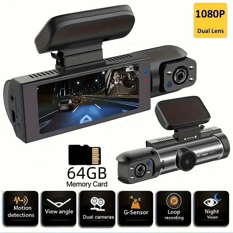 High-Definition Dual Lens Dash Cam - 1080p Front and Inside Car Camera with Loop Recording, Night Vision, Wide Angle, and 12-24V Car Plug Power - Lithium-Polymer Rechargeable Battery, Push Button Control, and LCD Display