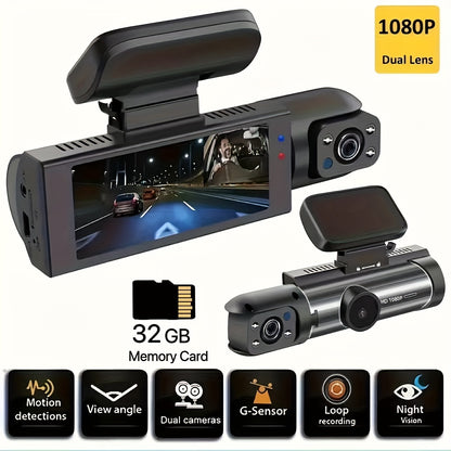 High-Definition Dual Lens Dash Cam - 1080p Front and Inside Car Camera with Loop Recording, Night Vision, Wide Angle, and 12-24V Car Plug Power - Lithium-Polymer Rechargeable Battery, Push Button Control, and LCD Display