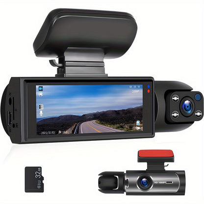 Dual-lens Dash Cam, 1080P, Front And Rear Dash Camera, 3.16" IPS Screen, IR Night Vision, Loop Recording, 24hr Parking Mode, Car Camera With 32GB TF Card Driving Recorder