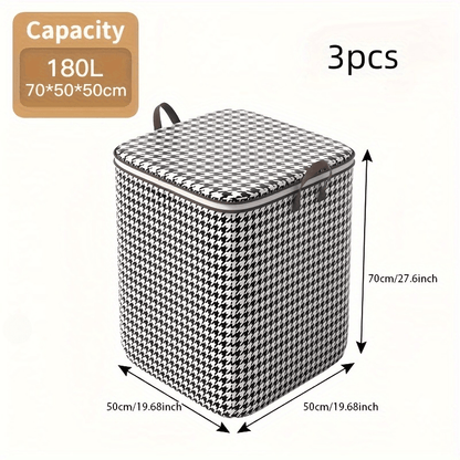 3 Pack of Extra Large 180L Houndstooth Thickened Storage Containers for Household Large Capacity Clothes Quilt Storage Bucket Dustproof and Moisture Resistant Bag Double Zipper with Handle Storage Box Moving & Travel Storage