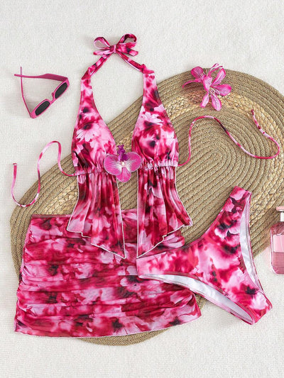 Conjunto de traje de baño de verano para mujer 2026, bikini sexy de tirantes finos con estampado aleatorio, ropa de baño elegante para vacaciones en la playa, adecuado para el Día de San Valentín, moda diaria, atuendo de verano