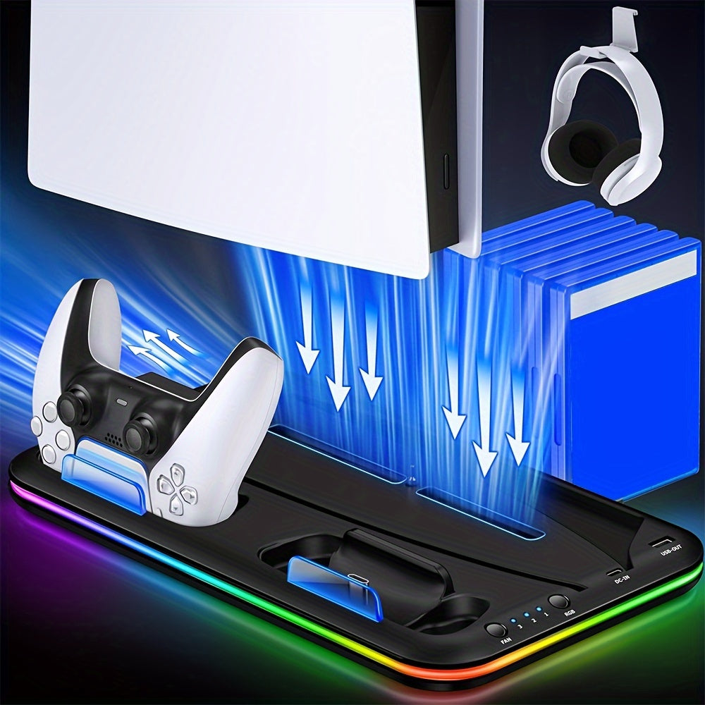 RGB PS5 Cooling Stand & Rapid Charger - High-Performance Fan, Dual Dock, Compatible with Disc & Digital Edition, 6 Game Slots, Screws & Dust Cover.