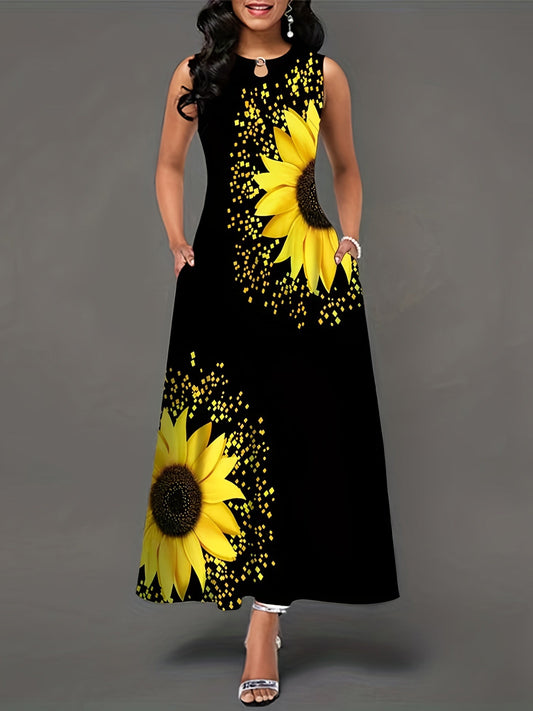Sunflower Print Keyhole Dress, Casual Crew Neck Sleeveless Maxi Dress With Pocket, Women's Clothing For Elegant Dressing Store ARBELLA'S