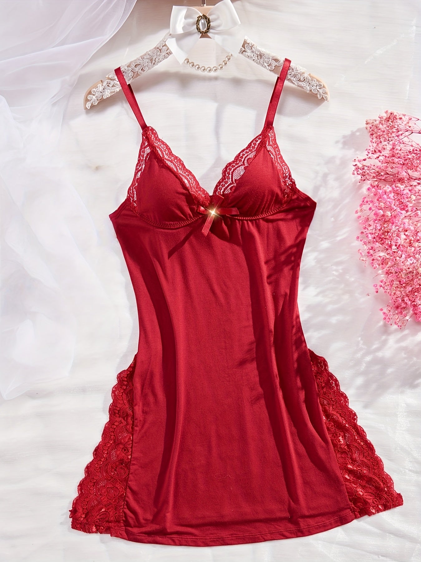 3pcs Of Women's Solid Lace Nightdress, Lace Panels, Skirt Side Slits,  Lace Home Nightdress Store ARBELLA'S