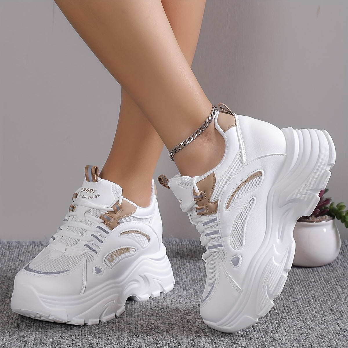 Womens Lightweight Solid Color Mesh Sneakers - Breathable & Elevating Trainers - Secure Lace-Up, Round Toe, Comfortable for Daily Wear