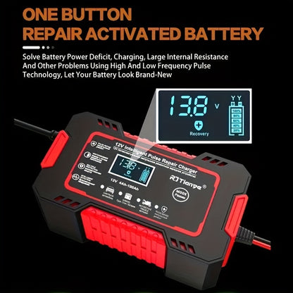 Advanced 12V 6A Smart Car Battery Charger - Fast Pulse Repair, LCD Display, AGM Deep Cycle GEL Lead-Acid Compatible, Auto and Motorcycle Battery Charger with Multi-Protection