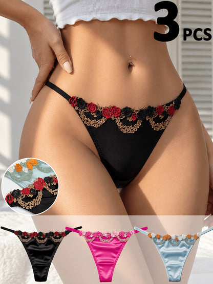 Juego de 3 tangas de encaje floral para mujer, bragas elegantes de tiro medio liso para dama, ropa interior suave de uso diario. 2