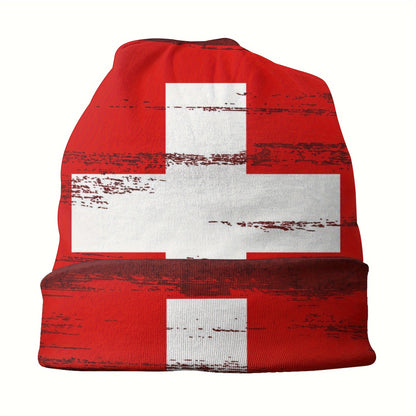 Men's Boho Style Hip Hop Beanie - Swiss Flag Design, Windproof, Breathable & Comfortable, Knit Fabric, 2-Layered Design, Perfect for Spring & Autumn