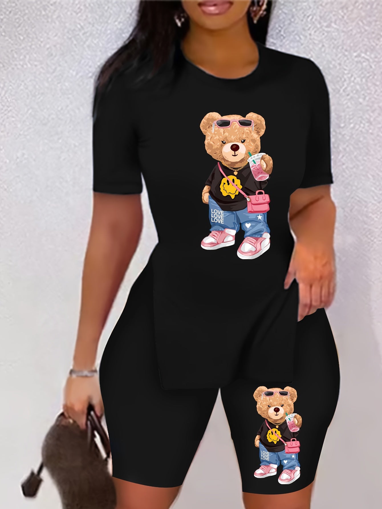 Teddy Bear Print Two Piece Set, Short Sleeves Crew Neck T-shirt & Skinny High Waist Leggings, Women's Clothing