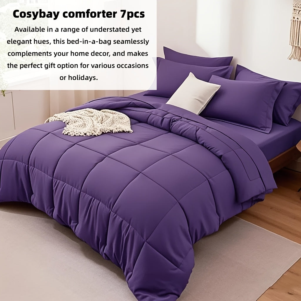 7pcs Luxurious Ultra-Soft Comforter Set | Breathable, Quilted Comforter, Flat Sheet, Fitted Sheet, Pillowcases, Pillow Shams | Warmth for All Seasons, School, Valentine's Day, Boys And Girls, Bed In A Bag Store ARBELLA'S