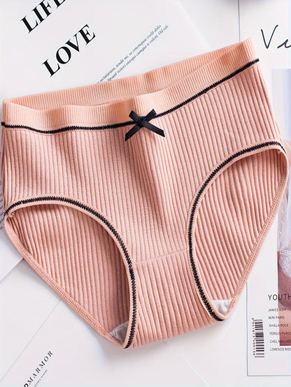 4pcs Bow Decor Contrast Trim Seamless Briefs, Simple Comfy Breathable Stretchy Intimates Panties, Women's Lingerie & Underwear