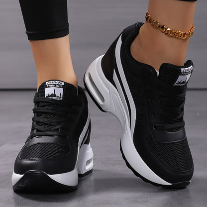 Women's Breathable Mesh Sneakers - Casual Lace-Up, Height-Boosting Platform Shoes with Air Cushion Comfort for All Seasons