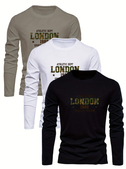 Men's 3-Pack 100% Cotton Long Sleeve T-Shirts, Casual Athletic Dept London 1988 Print, Soft Knit Fabric, Round Neck, Regular Fit, for Leisure Outings