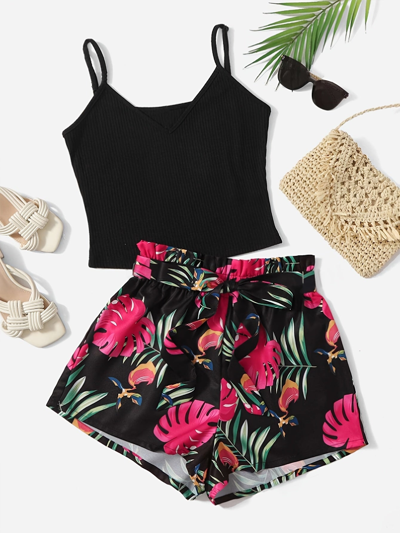 Lightweight Womens Vacation Shorts Outfit Set - Sleeveless V-Neck Cami Top with Vibrant Plants Print & Belted Paperbag Waist Loose Shorts