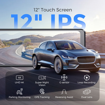 12 Inch 4K Ultra HD Mirror Dash Cam - Intuitive Touch Screen, Crystal-Clear Split-Screen Display, Dual-Lens 4K+1080P Camera, 170° Wide Angle, WiFi, Super Night Vision, Parking Mode.