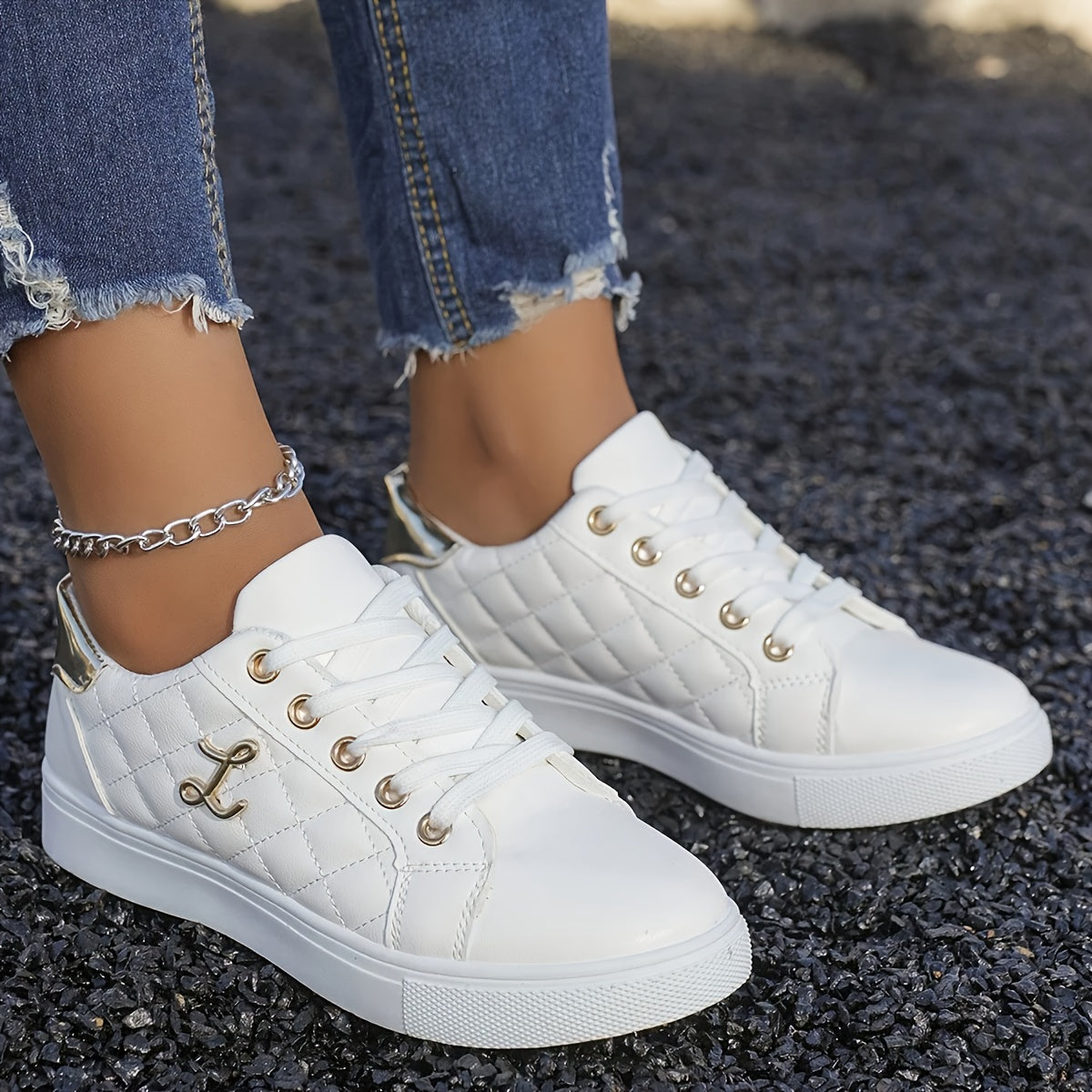 Lightweight Sneakers Lightweight Women's White Sneakers | Breathable Rubber Upper & PU Sole, Low-Top Flat Casual Shoes for Spring/Autumn - Comfortable Lining, Golden LetteringLightweight Sneakers Lightweight Women's White Sne Store ARBELLA'S