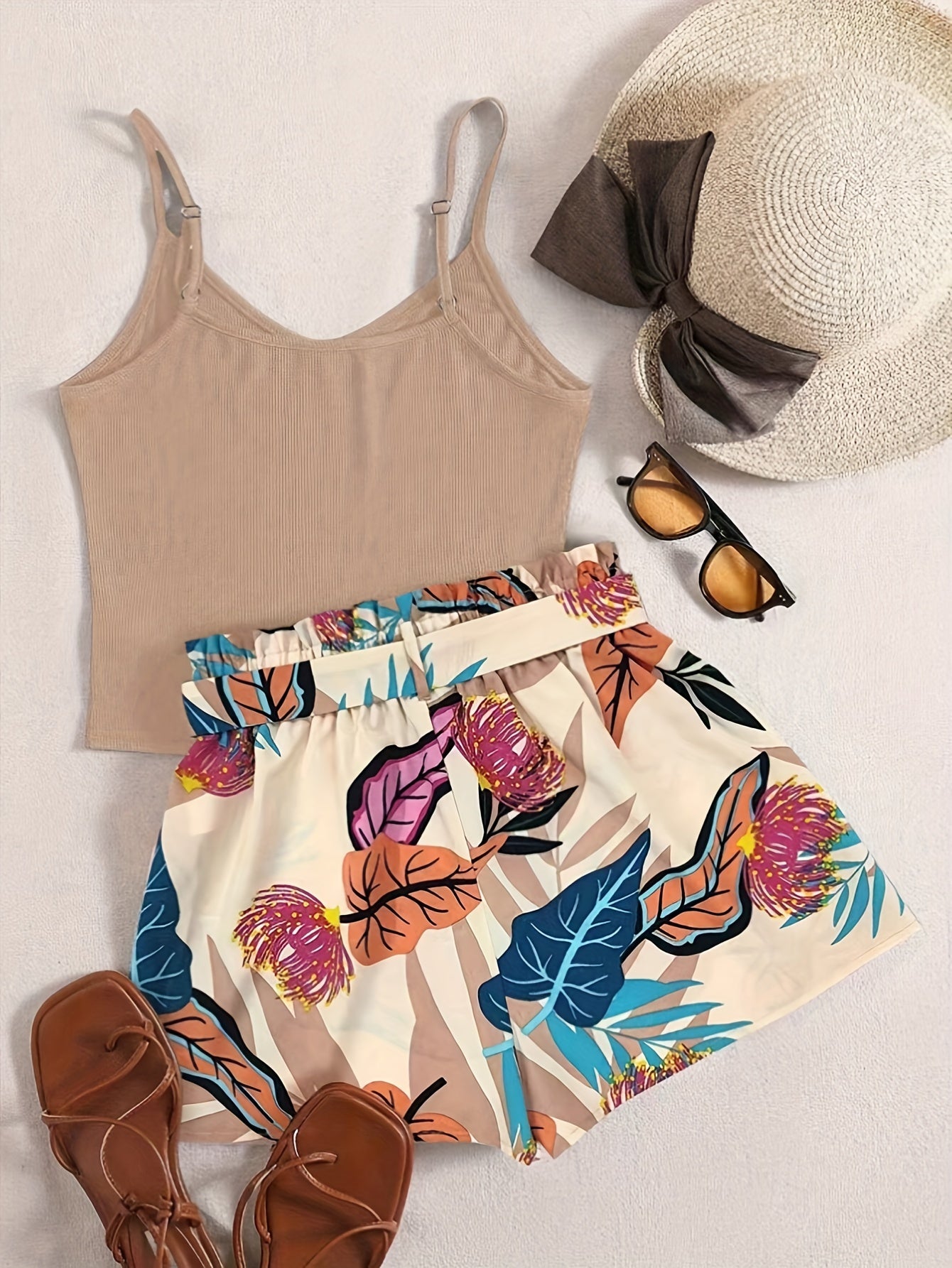 Lightweight Womens Vacation Shorts Outfit Set - Sleeveless V-Neck Cami Top with Vibrant Plants Print & Belted Paperbag Waist Loose Shorts