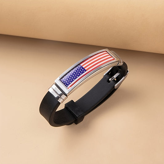 1pc Unisex Stainless Steel American Flag Silicone Bracelet - Durable, Stylish & Patriotic Symbol - Perfect for Couples or Individuals