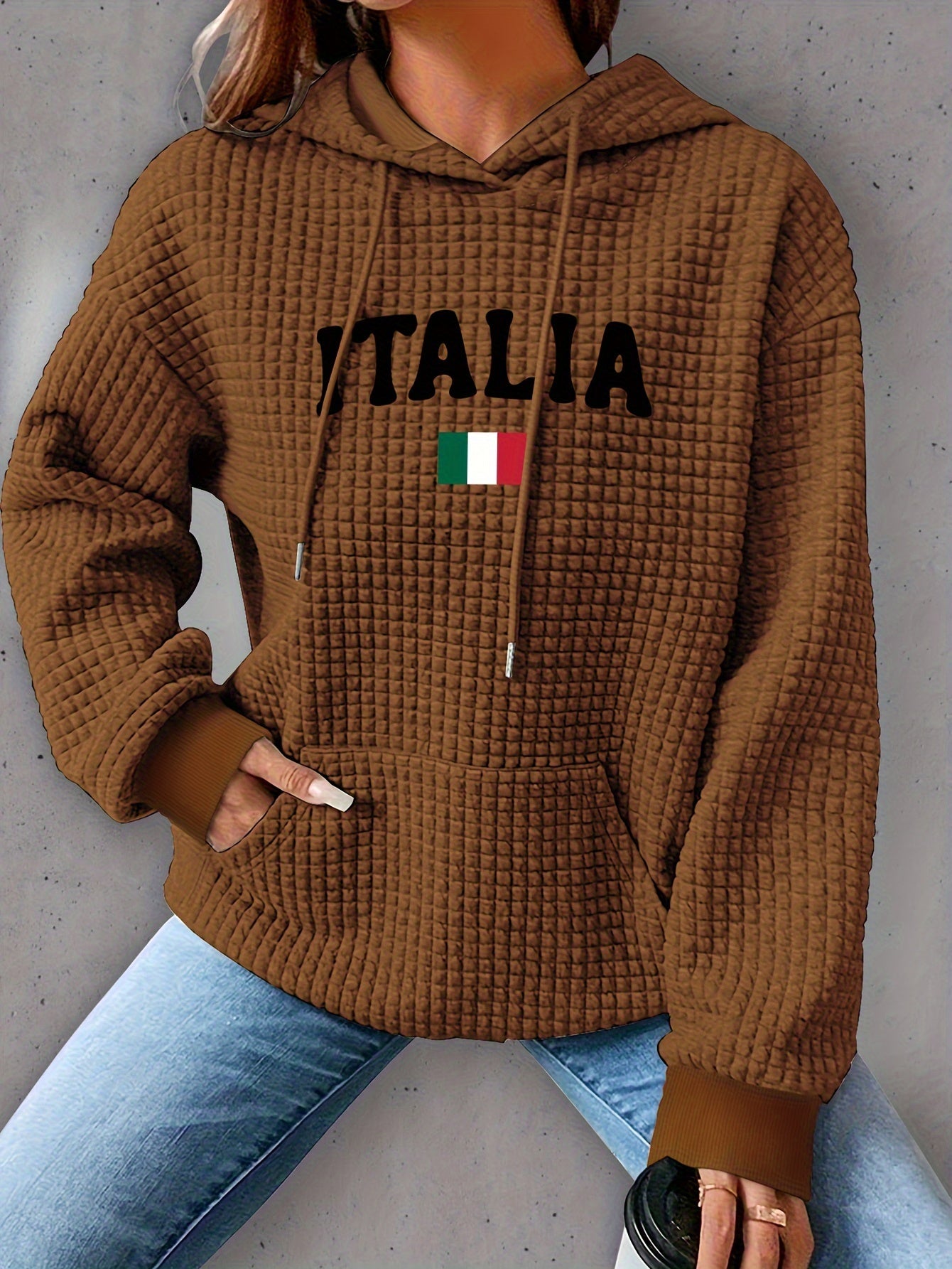 ITALIA Waffle Knit Hoodie - Casual Long Sleeve Drop Shoulder Drawstring Hoodie with Kangaroo Pocket for Fall & Winter, Cozy Women's Clothing