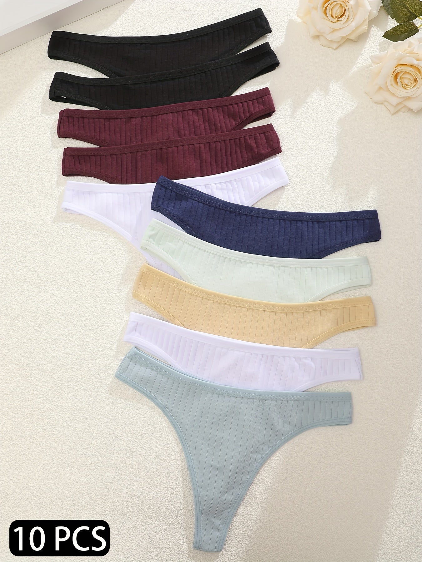 10pcs Skin-Friendly Ribbed Thong Panties, Comfy & Breathable Low Waist Cotton Panties, Women's Lingerie & Underwear