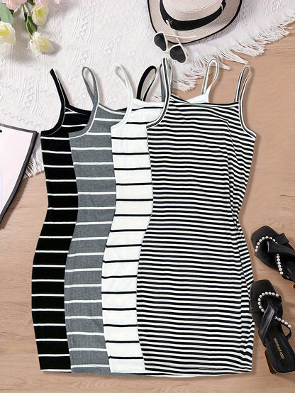 4-Pack Y2K Aesthetic Striped Cami Dresses - Slim-Fit Sleeveless Design, Ideal for Spring & Summer, Chic Womens Fashion