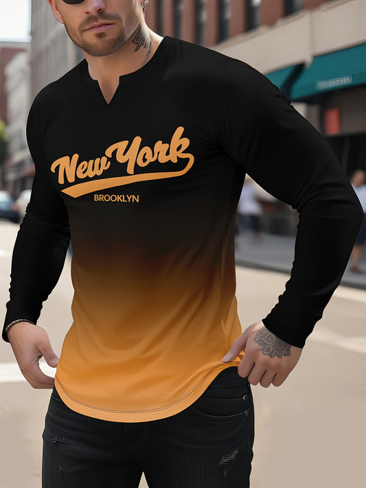 Men's Gradient Henley Shirt - Casual Long Sleeve T-Shirt with Geometric Print, V-Neck, Perfect for Casual Attire & Outdoor Activities